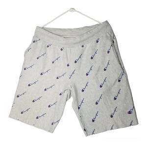 Champion Reverse Weave Cut Off Sweat Shorts Men Large Gray All Over Print Logo